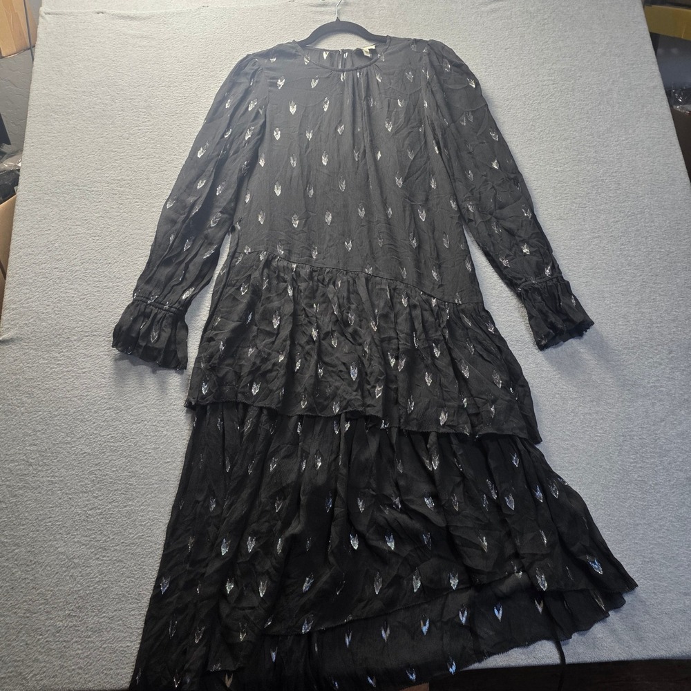 Joie Tiered Ruffle Cuffs Dress Womens S Black Metallic Boho Prairie Cottagecore